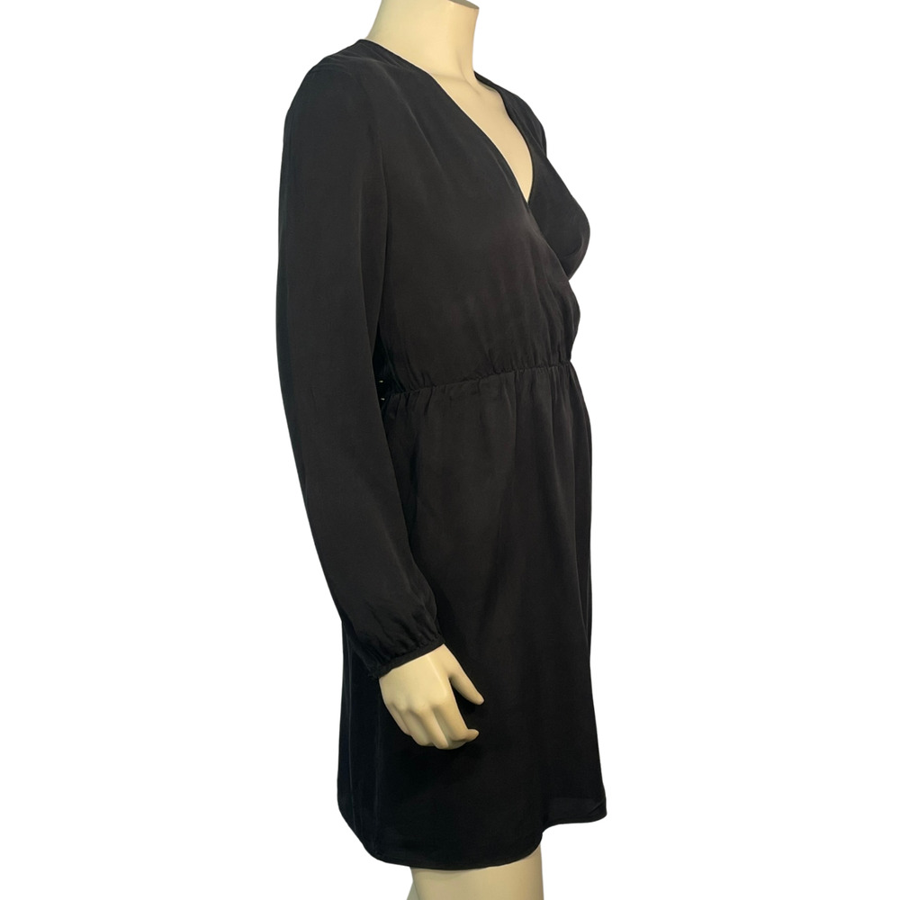 Theory Sz L Liev Wrap Dress Long Puff Sleeve V-Neck Black Cicero Silk Minimalist - Picture 2 of 9